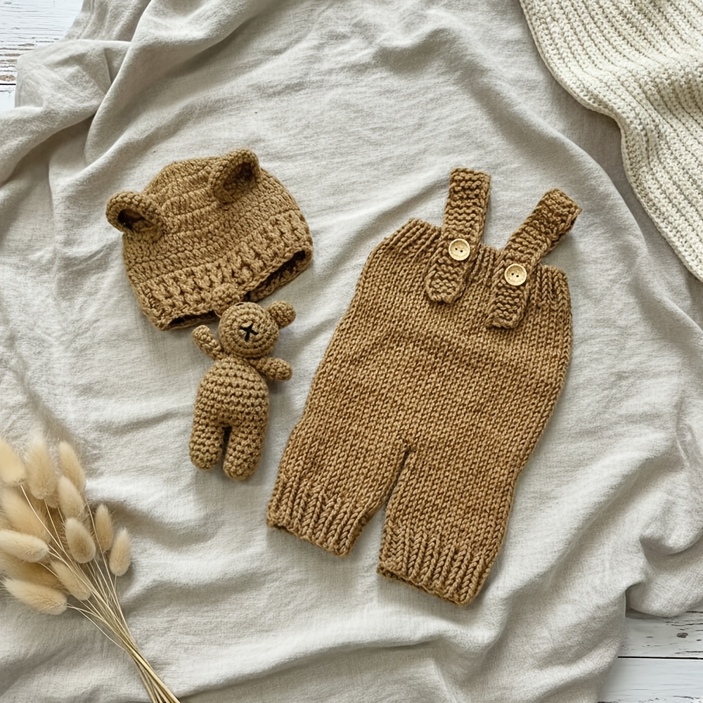 Image of 3pcs Set Knitted Bear Hat And Overalls With Bear Prop | Soft Polyester, Straps, Creative Shooting Accessories, Ideal For Holiday Gifts