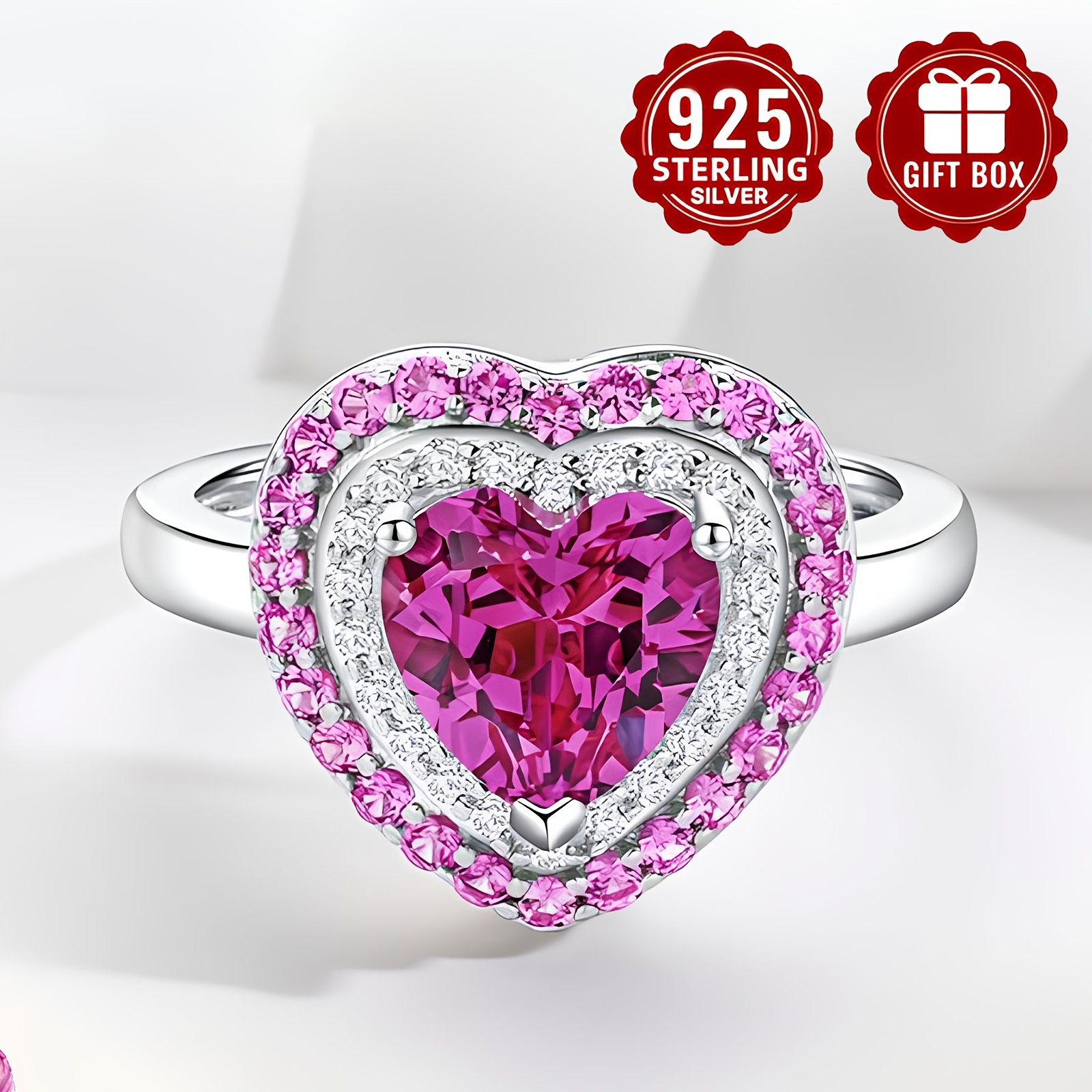 Pink Sparkling Zirconia Ring S925 Silver Heart Shape