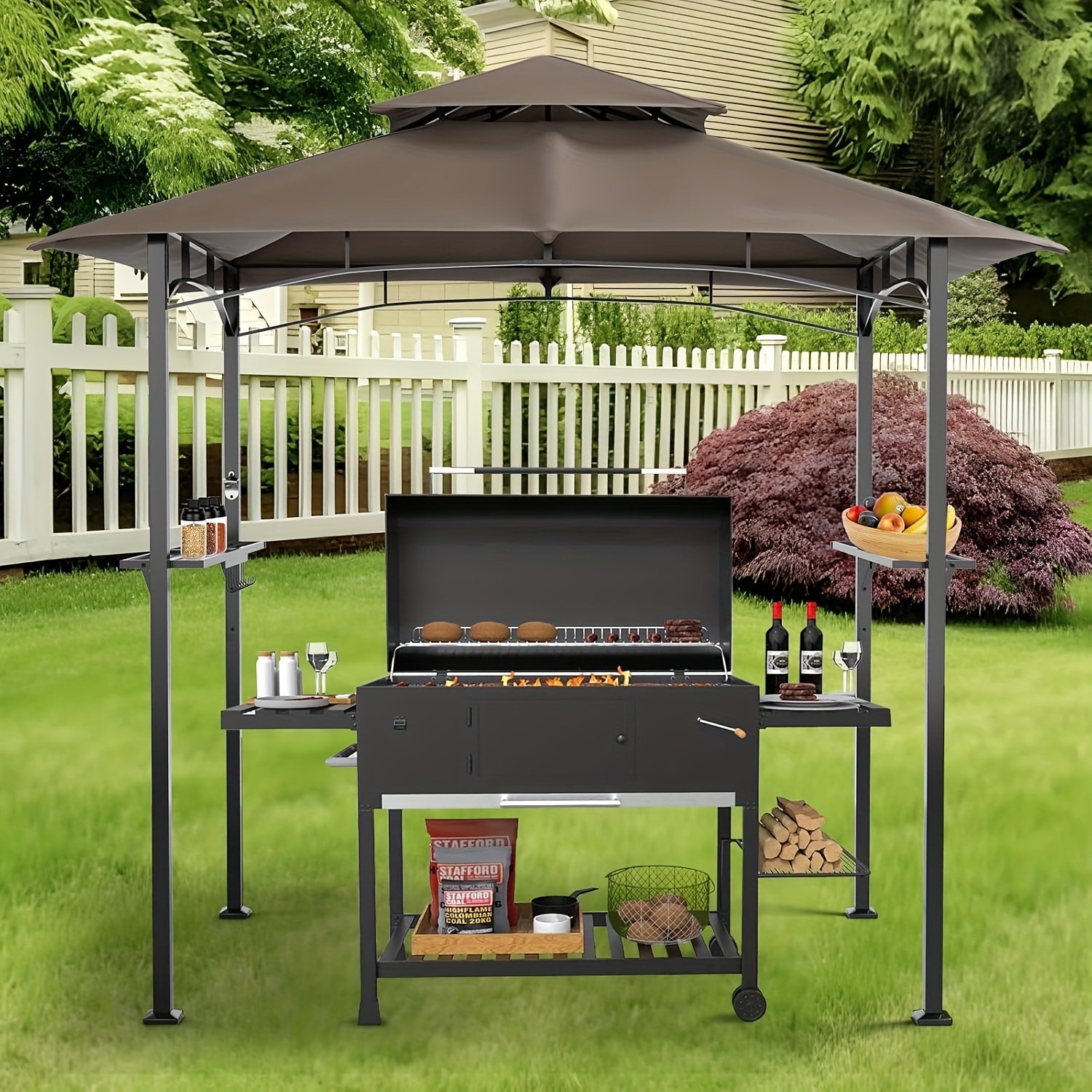 TEMU Outdoor Grill Gazebo With - Heavy-duty Double-tier Bbq Canopy Suitable For Backyard, Poolside & Garden - Portable Patio Shelter With Air Vent &