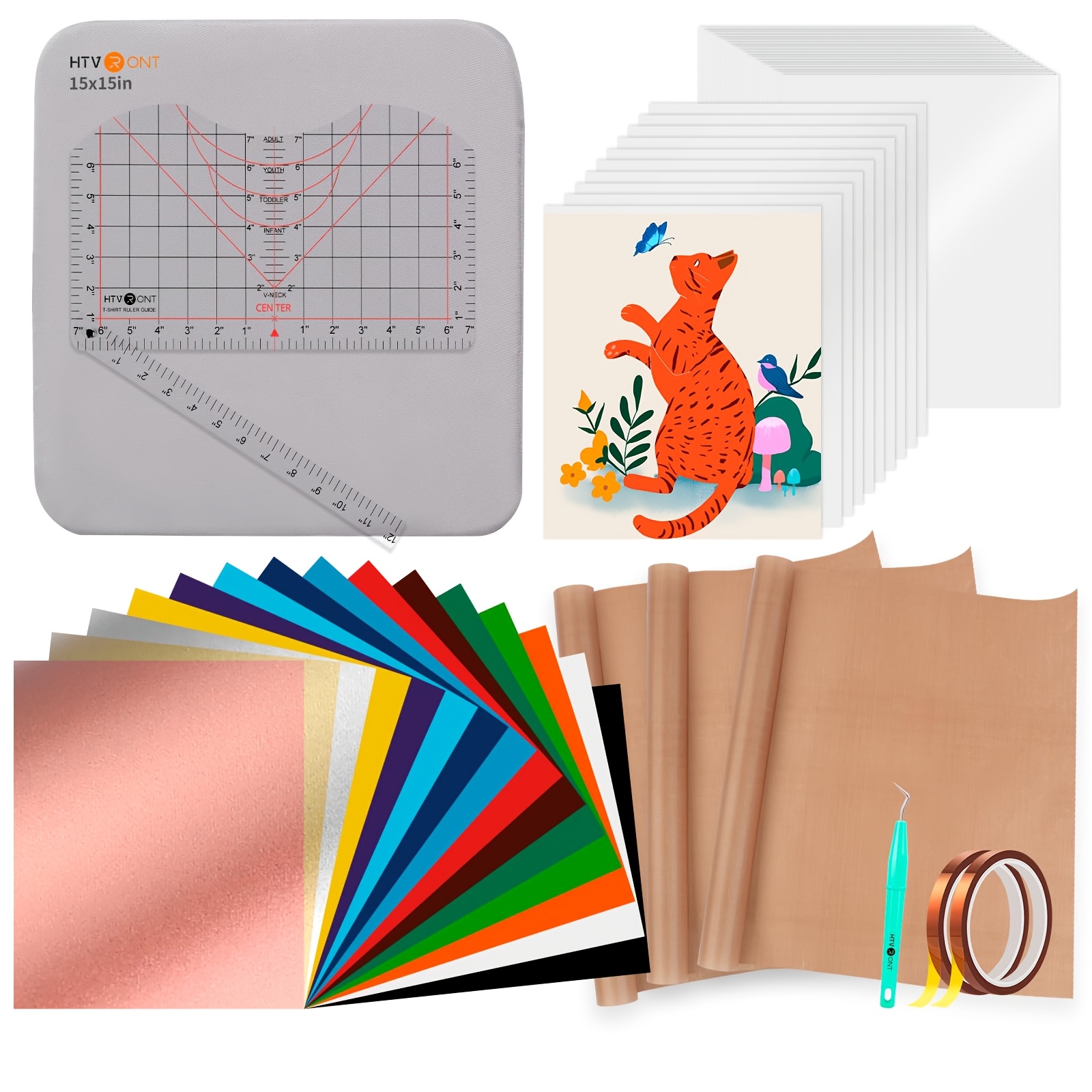 Image of Htvront Heat Press Accessories - 55pcs Supplies For 38cmx38cm Machine, T-shirt Heat Press Starter Kit With Vinyl & Sublimation Bundle, Tools & Mat