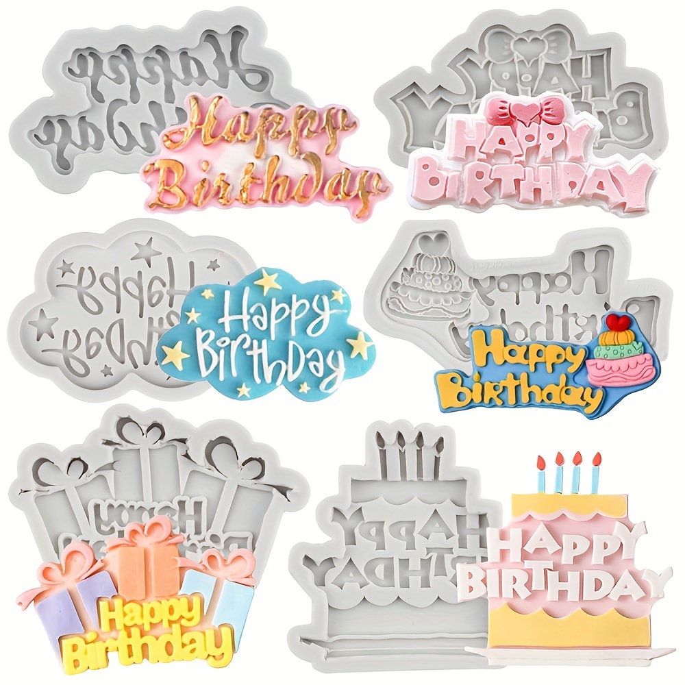 

6pcs Happy Birthday Silicone Molds, Birthday Alphabet Fondant Silicone Mold, Letters Silicone Fondant Cake Molds, For Diy Cake Decorating Candy Chocolate Gum Paste Polymer Clay Set