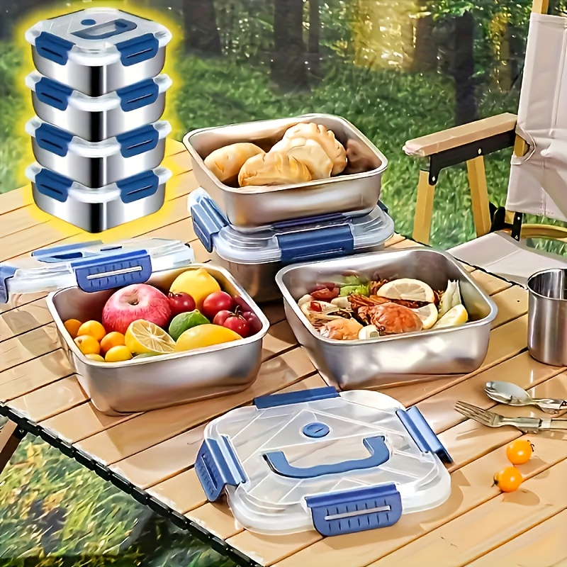 TEMU 4-pack Stainless Steel Airtight Food Storage Containers Set, With Blue Handle Leak-proof And Airtight Lids For Kitchen, Stainless Steel Lunch
