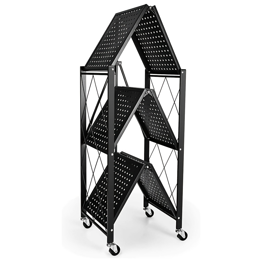 3-Tier Heavy Duty Foldable Metal Storage Rack with Wheels – Rolling Utility Shelving Organizer for Garage, Kitchen, Pantry & Tool Storage — Zaynora Luxury Marketplace