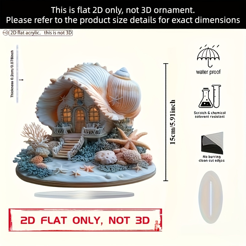 E-shop 2D Flach, 5,91-Zoll Muschelhaus Desktop Acryl Deko Ornament - Küsten Muschel Cottage Dekor mit Seestern und Korallen Akzenten, Ideales Geschenk