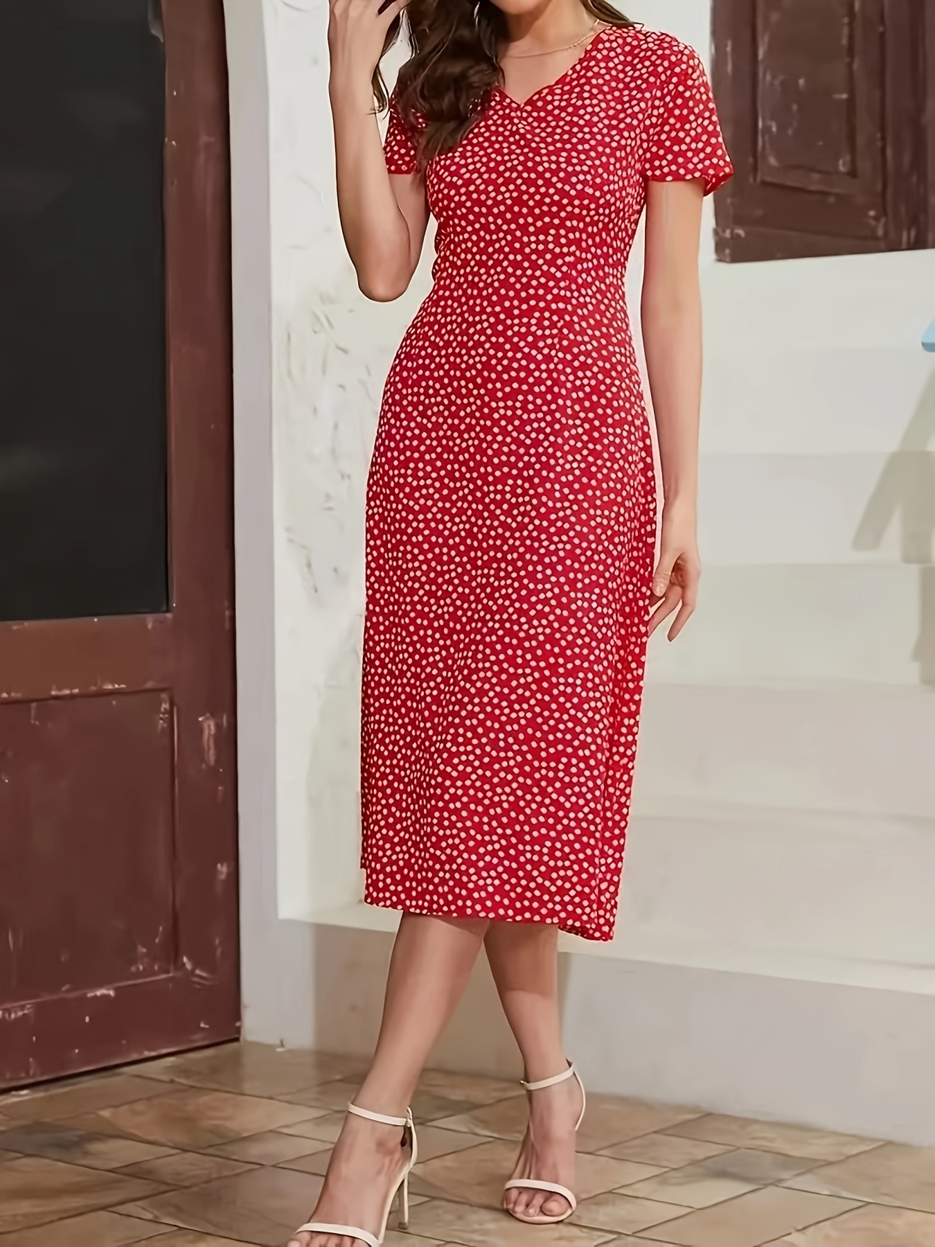 Semi Formal Midi Dress Fancy Women's Elegant Red White Polka Dot