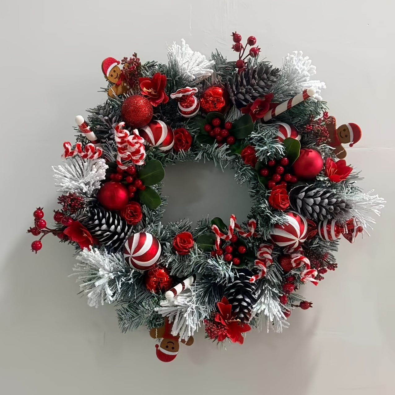 Christmas Front Door Wreath, Featuring Artificial Roses, Colorful Balls, Gingerbread Men, And Candy Canes. A Decorative Wreath For Holiday Parties, Gift Wreaths, Winter Wreaths Halloween