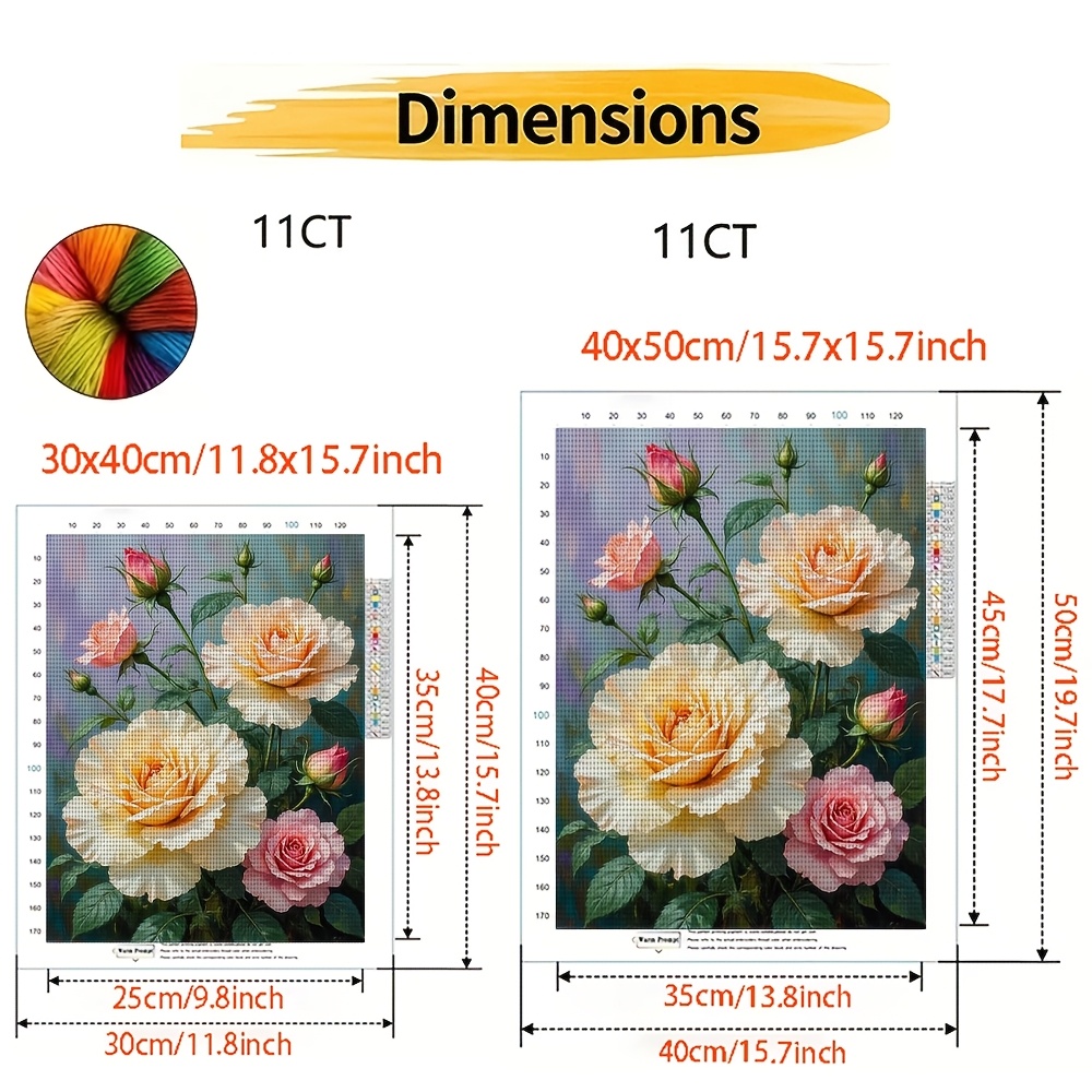Frameless Cross-Stitch Kit 'Pink Rose and Green Leaves' Design