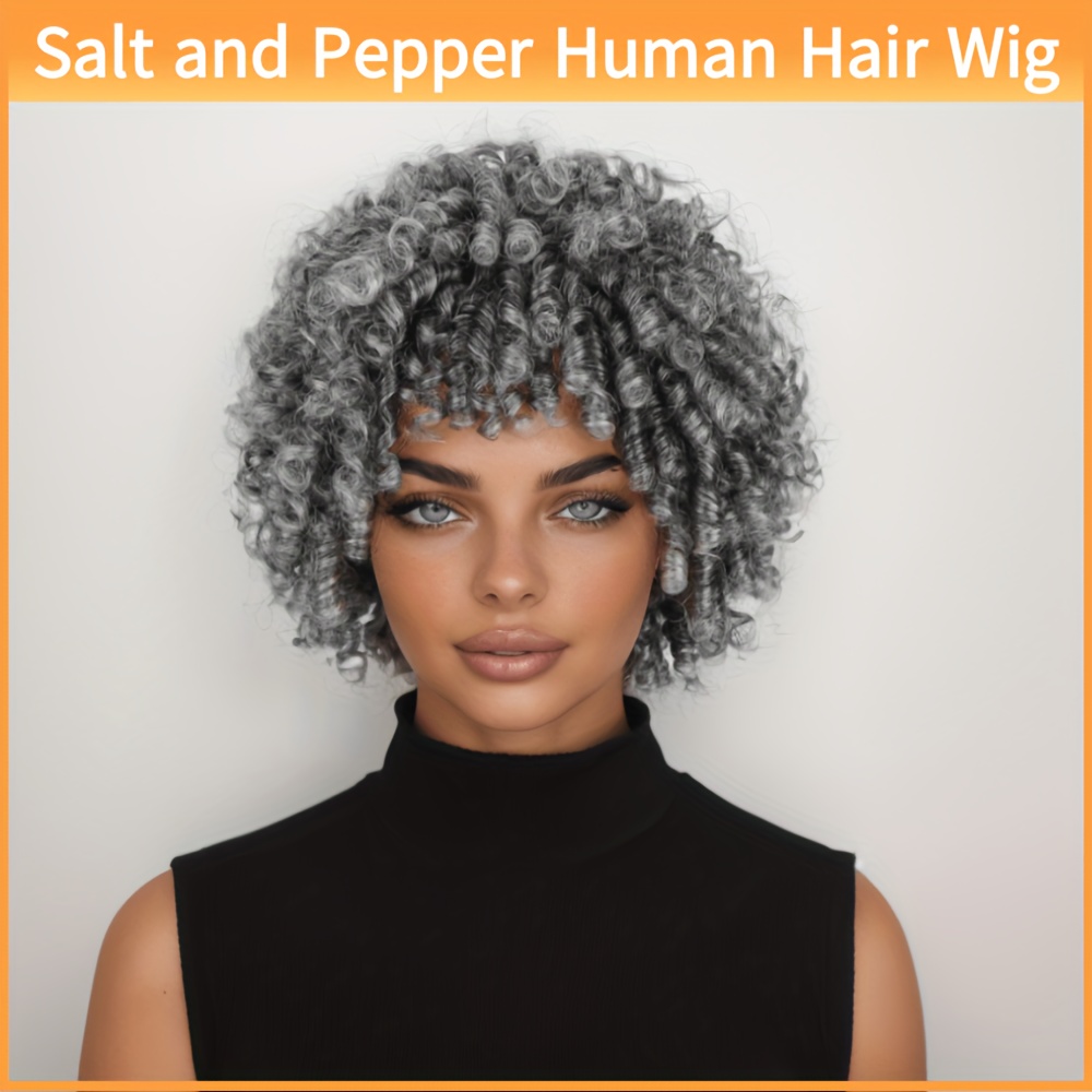 TEMU Short Curly Wigs Made From Human Hair, Featuring A Salt And Pepper Color, Afro Curls, And A Cut Style, Designed For Women And Fully Machine-made Without Lace
