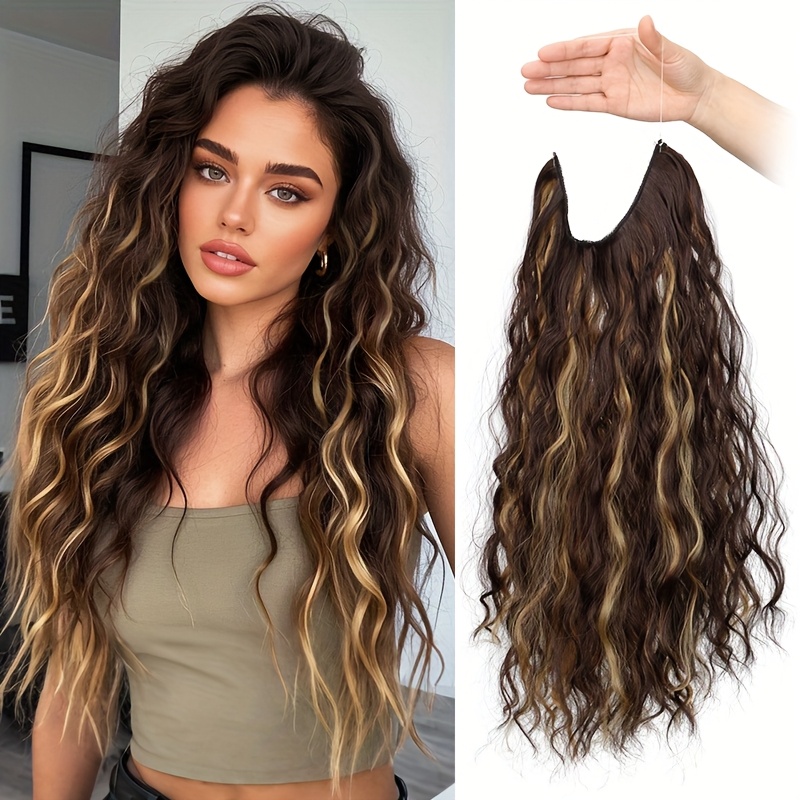 TEMU 【商品名】ロング合成釣り糸 ヘアエクステ ト カーリースタイル レディース 軽量 ふわふわ ヘアピース