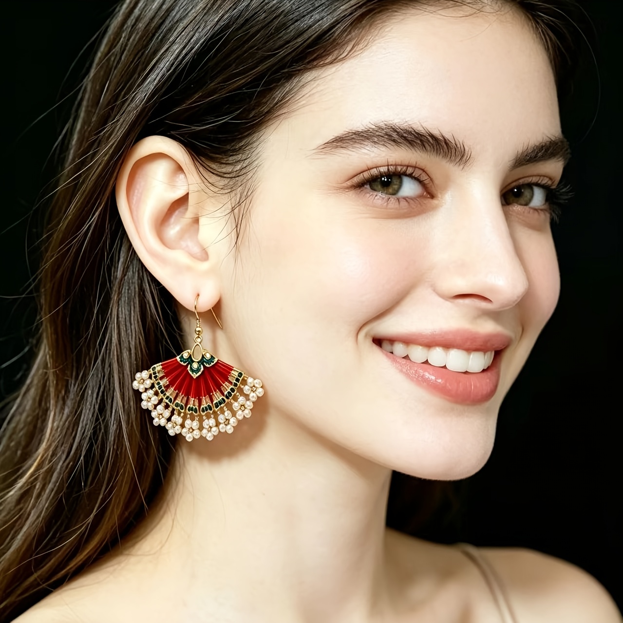 TEMU Boucles d'oreilles éventail rouges et dorées de style gothique, Boucles d'oreilles à pompons de style ethnique vintage