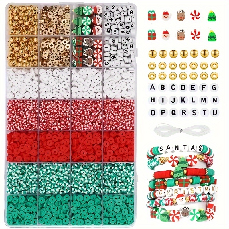 

2800/5300pcs Kit de perles en molle de Noël 6Mm, perles plates et rondes en polymère, perles espacées avec lettres, bijoux DIY, bracelets, , artisanat avec corde élastique