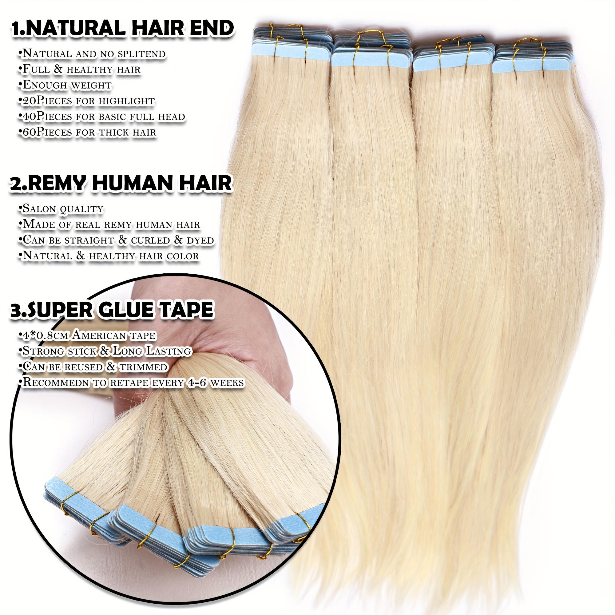 10pcs 1 pack straight real human hair tape in extensions straight smooth hair extensions 16 24 natural popular blonde color human hair extneisons for women versatile use for   party brithday fesitival to add volumn and length details 4