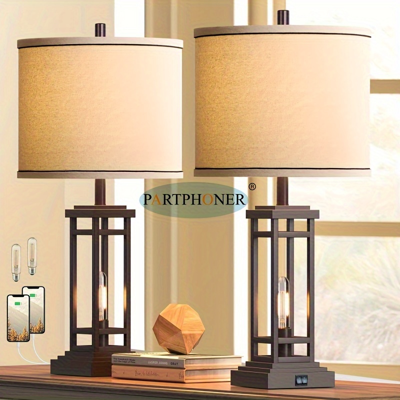 

27.5 Tall Farmhouse Table Lamps With Usb C + Usb A Charge , Rustic Living Room Lamps Set Of 2, Black Industrial End Table Lamp For Bedroom Living Room Nightstand (oil-rubbed Bronze)