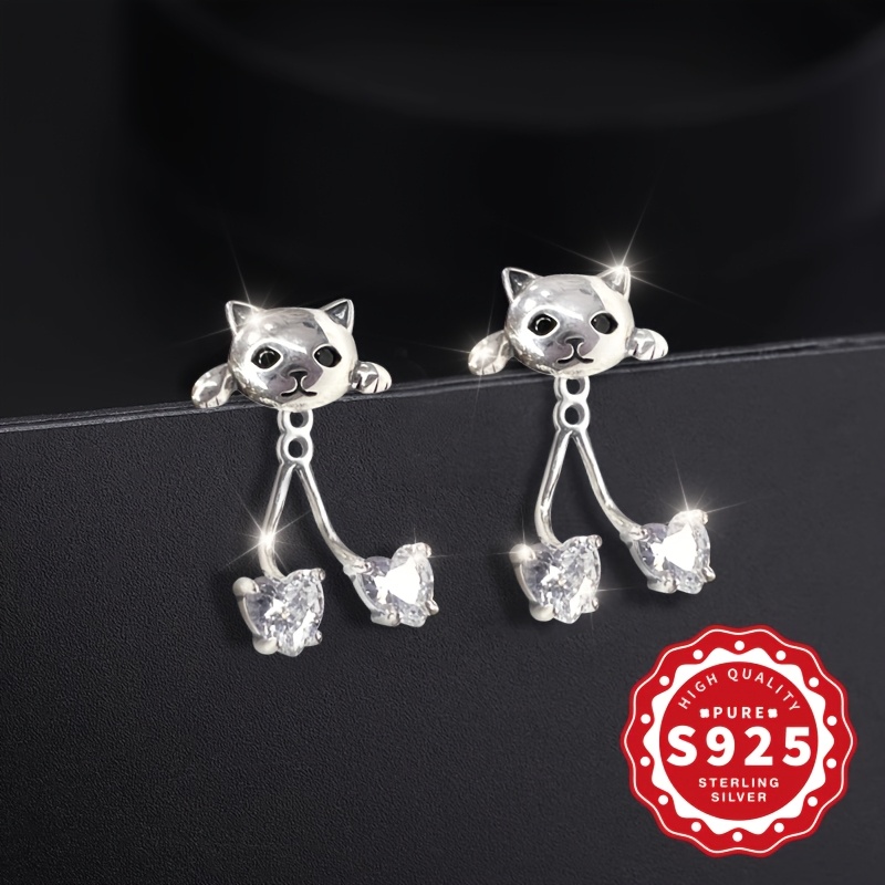 Women's S925 Silver Cat Double Heart Back-Hanging Earrings