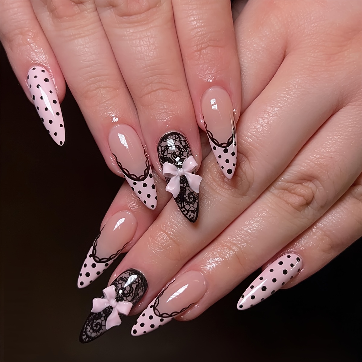 TEMU 24pcs Danartlux Press On Nails Suitable For Women, Y2k Black Polka Dot & French Tip Lace Nail Tips, Almond Shape Medium Length Full Cover Glossy