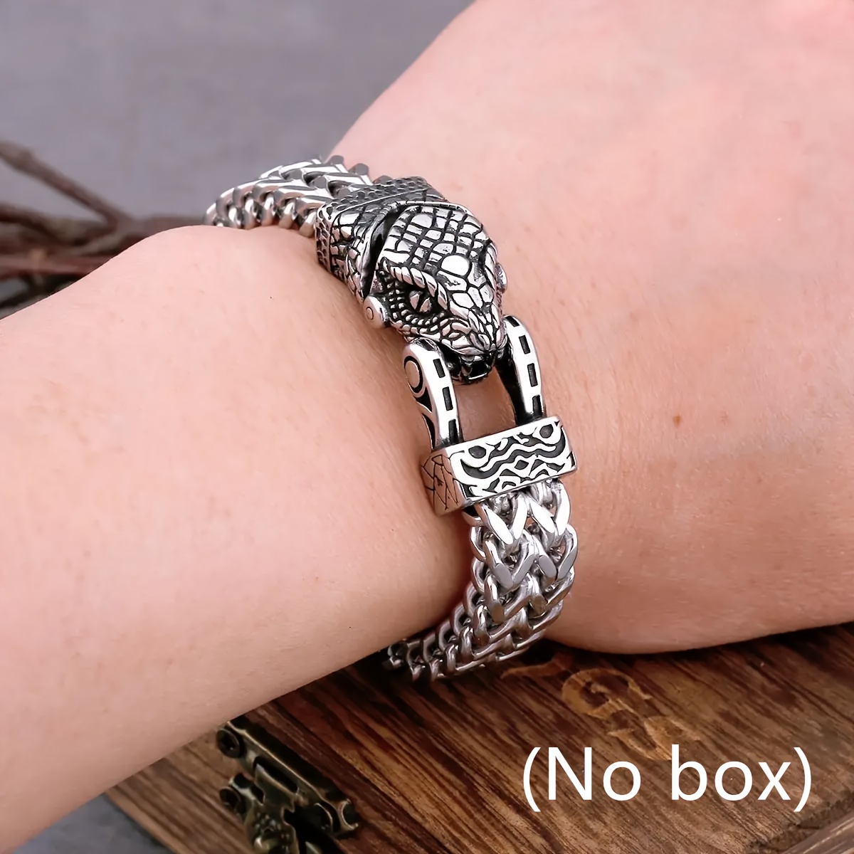 Fade Resistant Stainless Steel Viking Snake Head Bracelet for Men