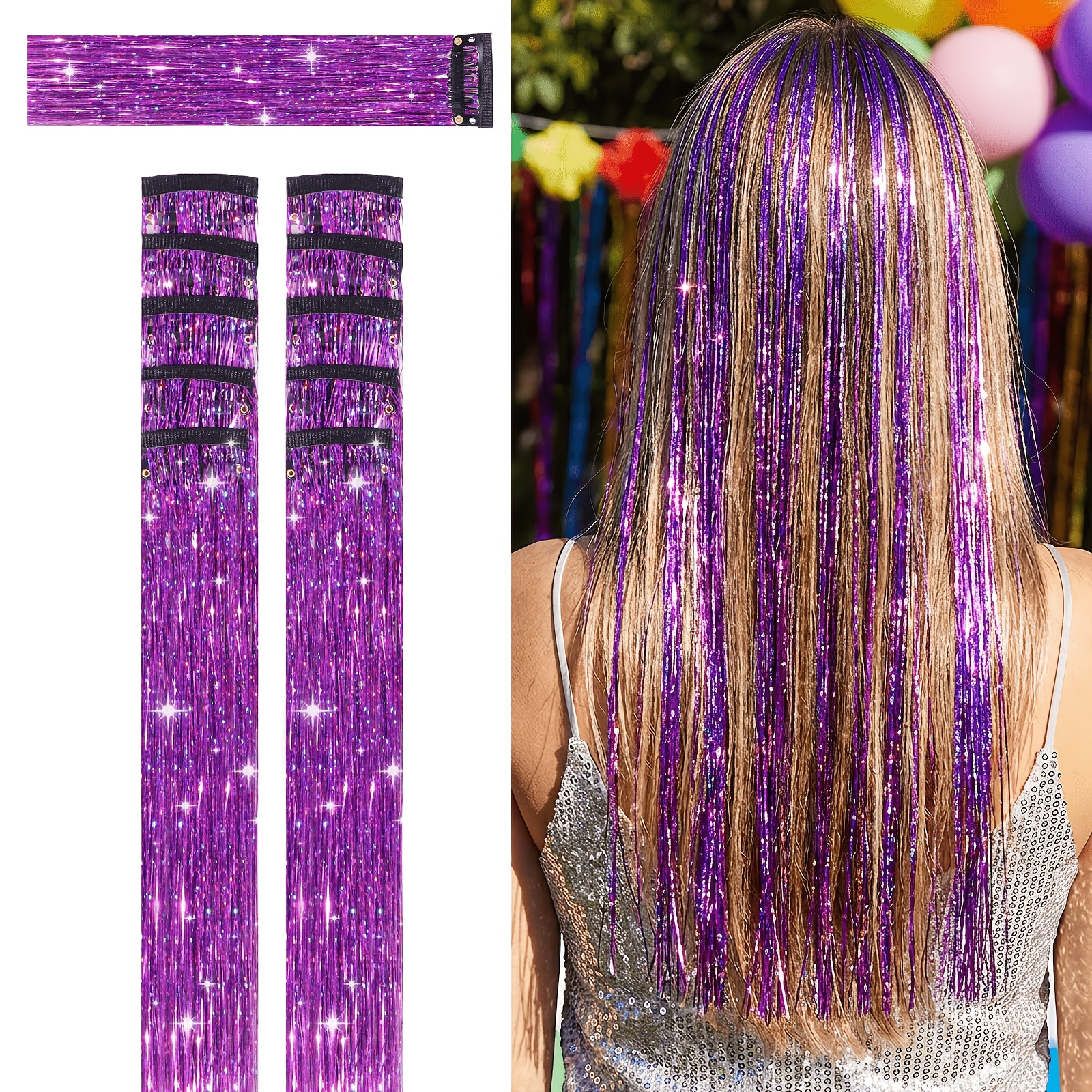 TEMU 10pcs Purple Hair Tinsel Clip In, Hair Additions 24 Inch 80 Strands Bobby Pin Tinsel Hair Extensions Suitable For Daily Use At Women's Parties