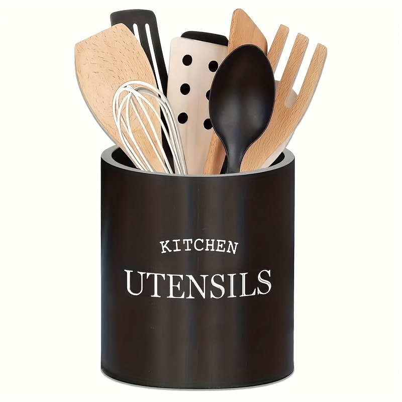 Image of Rustic Black Wooden Kitchen Utensil Holder - Countertop Organizer For Cooking Tools, Big Size 5*6 Inch, Flatware & More - Perfect For Farmhouse Decor