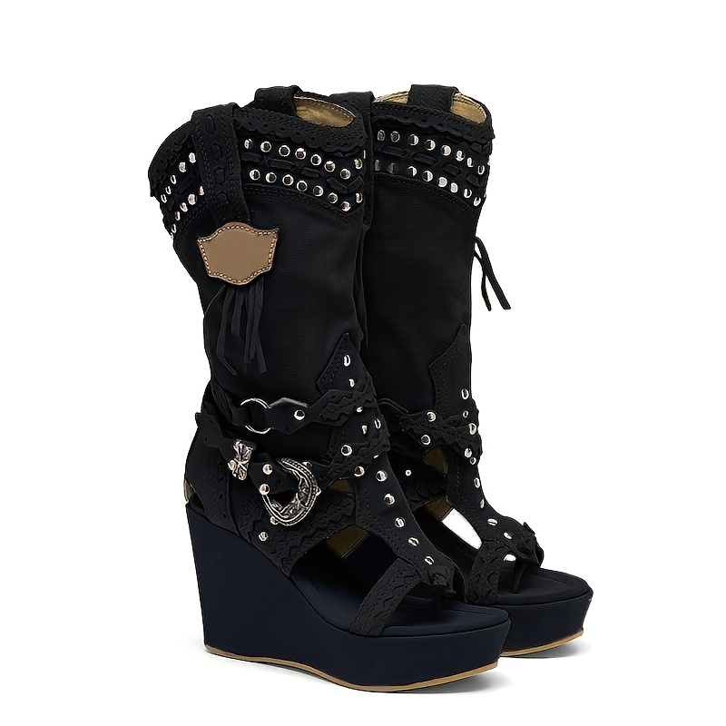 Women'S Boho Grey Studded Fringe Wedge Heel Boots, Open Toe Platform Knee High Western Cowgirl Sandals, Vintage Festival Party Shoes, Women Shoes