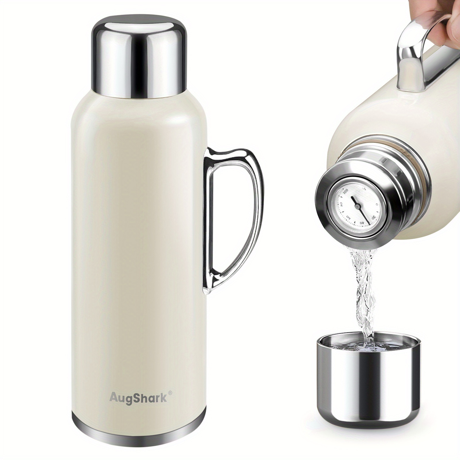 TEMU Augshark Insulated Water Bottle, 34 Oz Double-walled Vacuum Stainless Steel With Handle & Metal Thermometer Lid, Leakproof Travel Bottle Drinks Cold For And Hot For 24 Hours