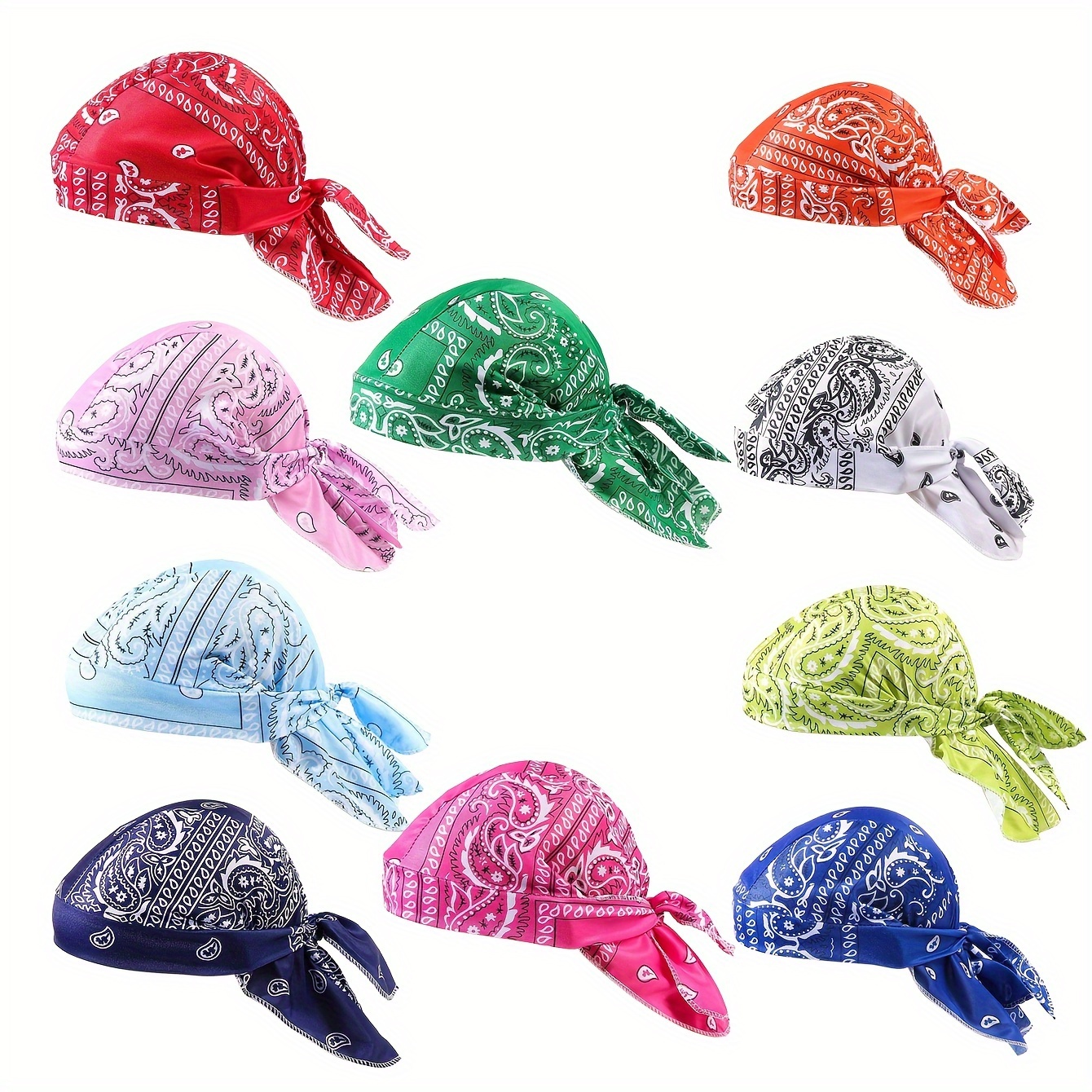 Image of 10pcs Unisex Fashionable Paisley Headscarf Hat Straps, Stretchy Cycling Pirate Hat, Wrap-around Headwear, Breathable, Cool, Stylish Brimless Hat For Men And Women, Outdoor Use