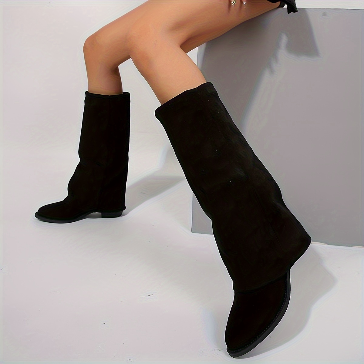 

Fashion-, Women' Color Chunky Heel Long Boots, Comfortable Versatile Long Tube Stacking Boots