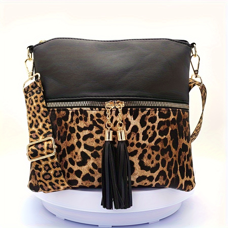 Image of Fringe For Spring And Summer Thin Bag With Wide Shoulder Strap Leopard Print Crossbody Bag With Shoulder Strap Leopard Print Fringe Bag European And Leopard Print Tassel Crossbody Bag