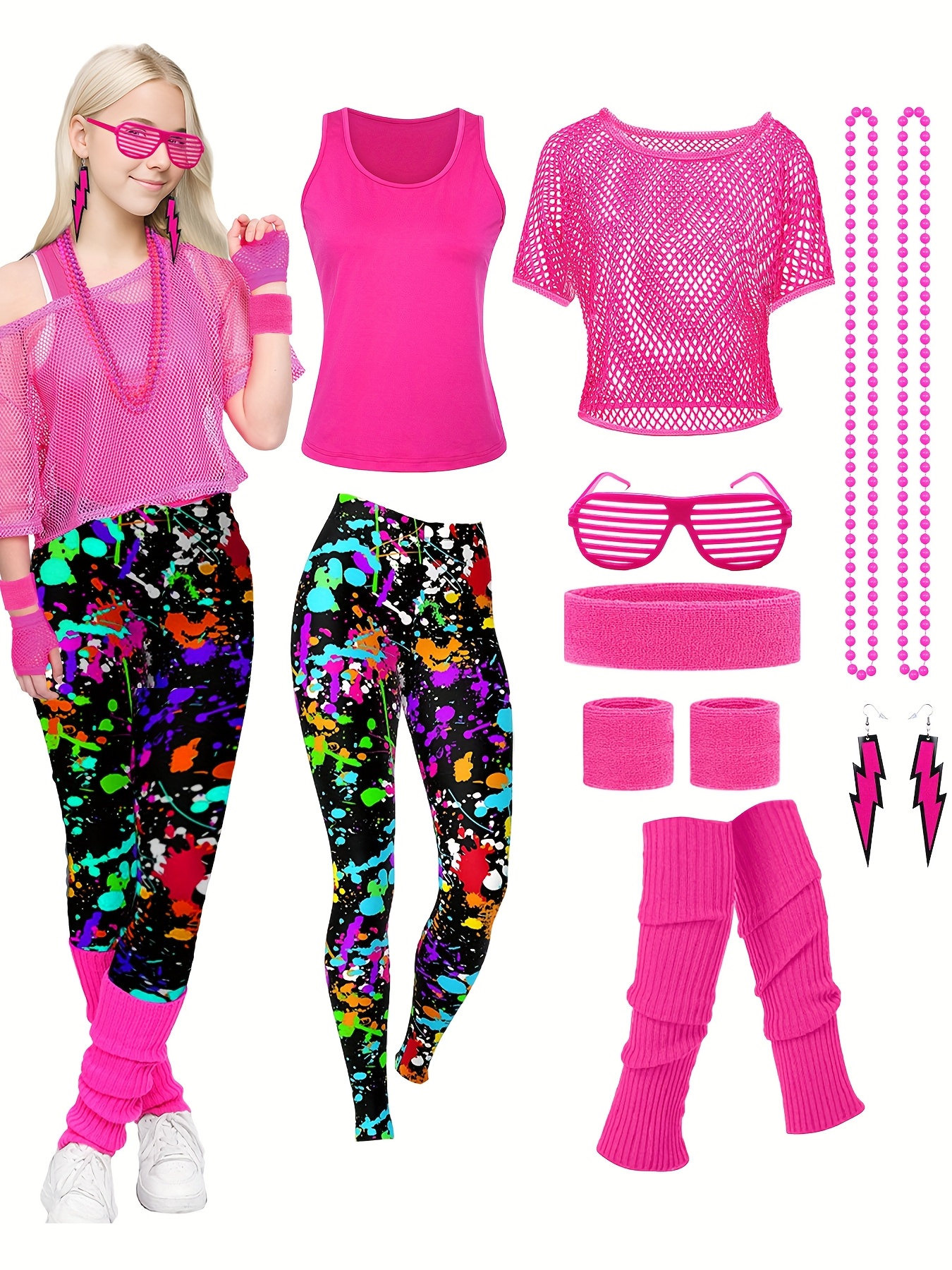 90s 80s Women'S Costume, Aerobic 80s Women'S Outfit, Featuring a Mesh Shirt, a Classic Off-Shoulder Mesh Shirt, 80s Women'S Carnival Attire, Neon 80s Accessories, And Themed Party Wear.