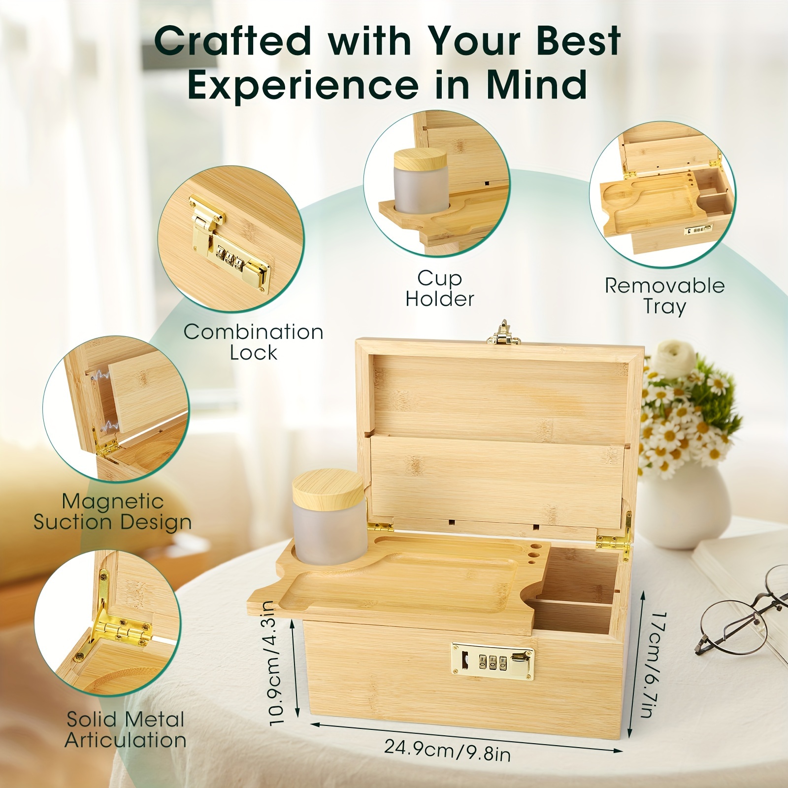 Lockable Bamboo Medicine Storage Box with Jars & Rolling Tray