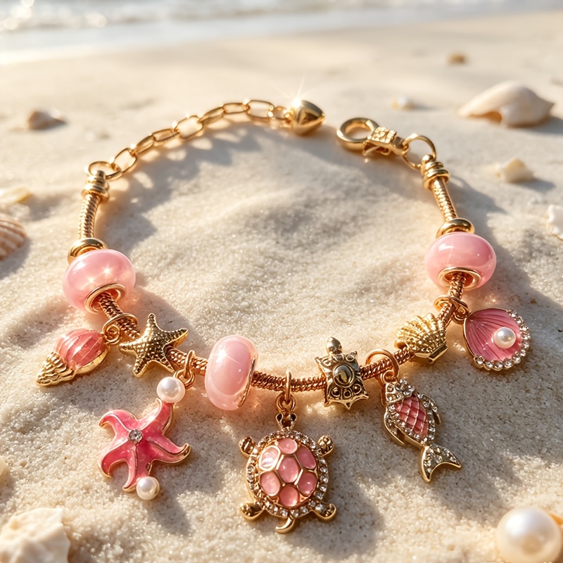TEMU Light Luxury Sea Turtle Ocean Beaded Bracelet With, Seashell, Starfish, And Small Fish Pendants, Adjustable Snake Chain. A Diy Seaside Vacation