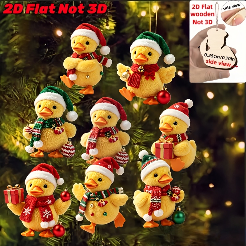 TEMU 2d Flat, 8pcs Set Of Christmas Little Yellow Duck Wooden Hanging Ornaments. The Are Designed In Different Christmas Outfits And Poses. Christmas