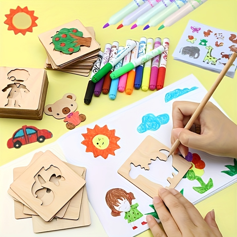 a set of 10 childrens educational toys including a wooden drawing template set coloring puzzles and a drawing board is very suitable as a gift for easter and thanksgiving pattern is random