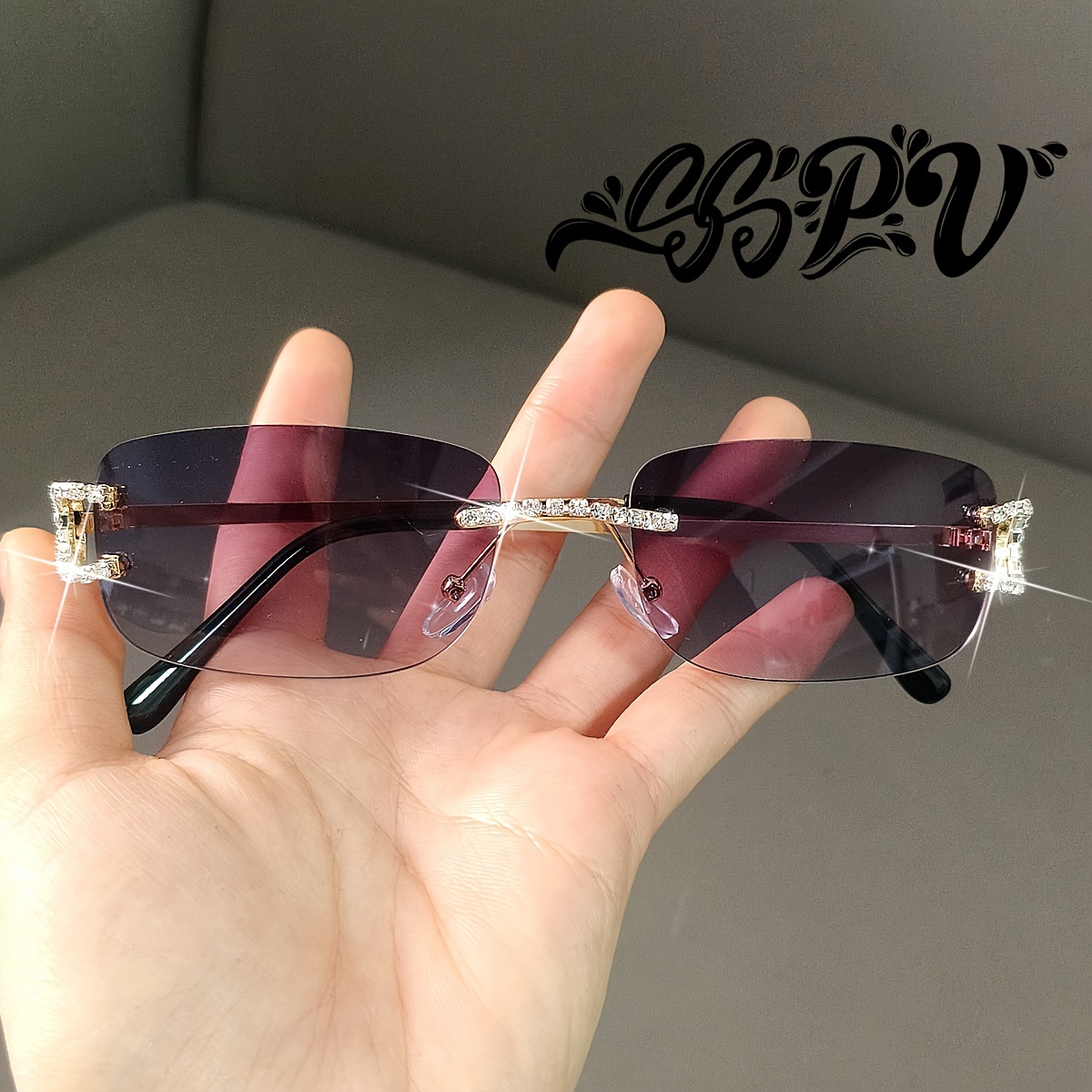 

1pair Frameless Rhinestone-rimmed Women's Flat Lens, Comfortable Trend Lightweight Premium Sense Street Photo Y2k Hip Hop Rap Female Driver Windproof Glasses