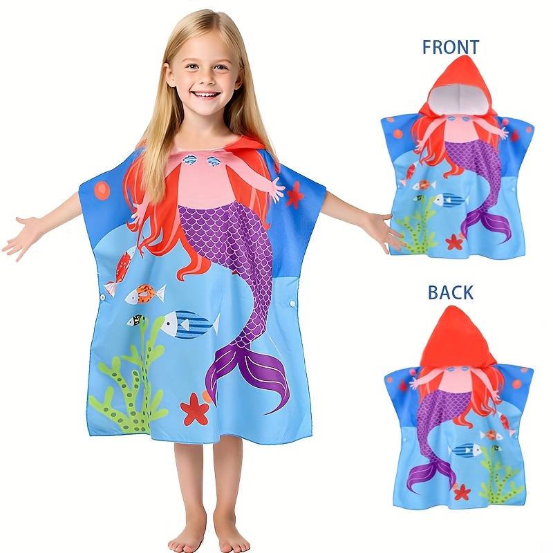 1 Children's Beach Towel, Cartoon Beach Cape With Hat, Soft And Absorbent, Suitable For Family, Shower, Swimming And Beach