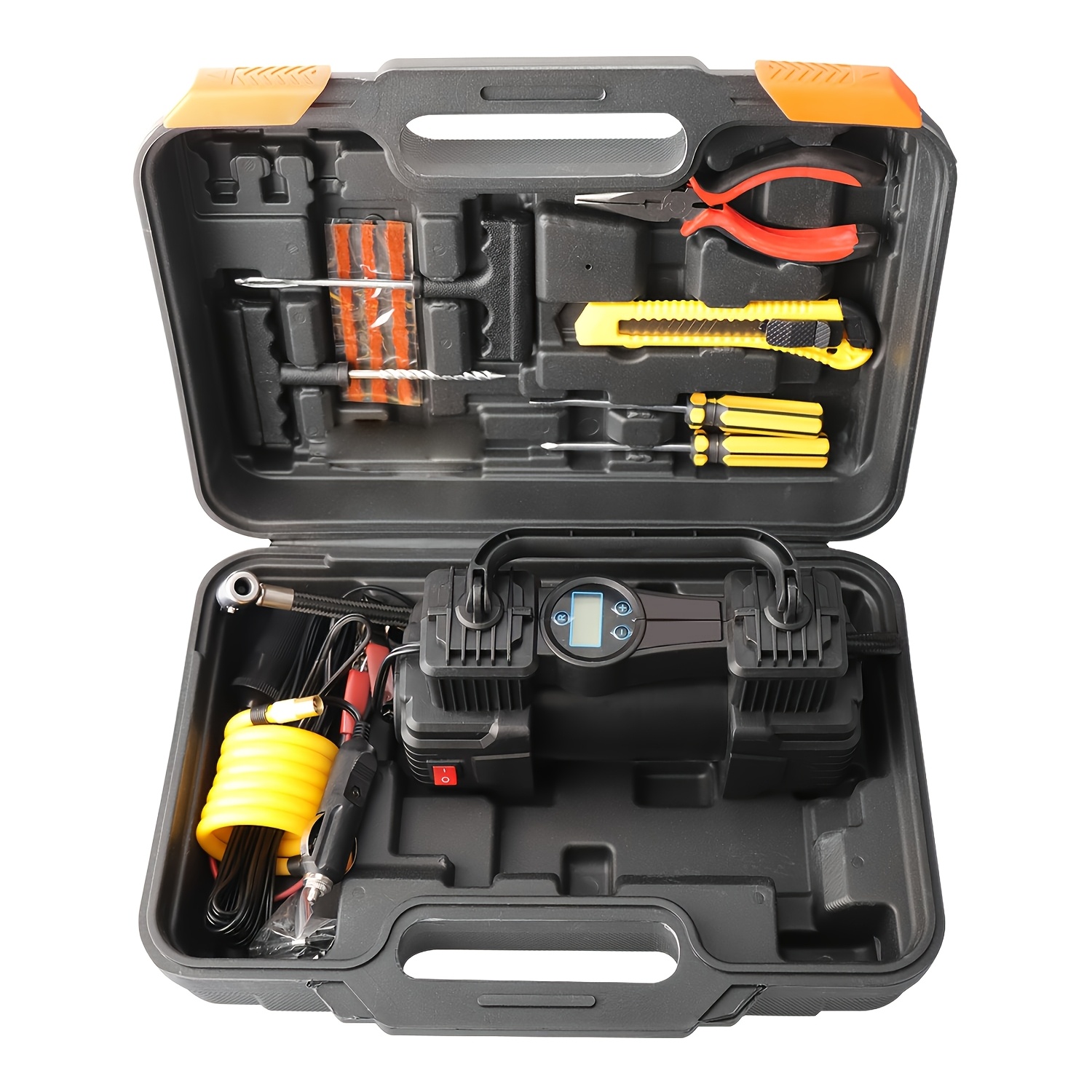 TEMU Heavy-duty Dual-cylinder Portable Air Compressor Pump Tire Inflator, Digital Display, Emergency Light, 12v Tire Pump, 150 Psi, With Tire Repair