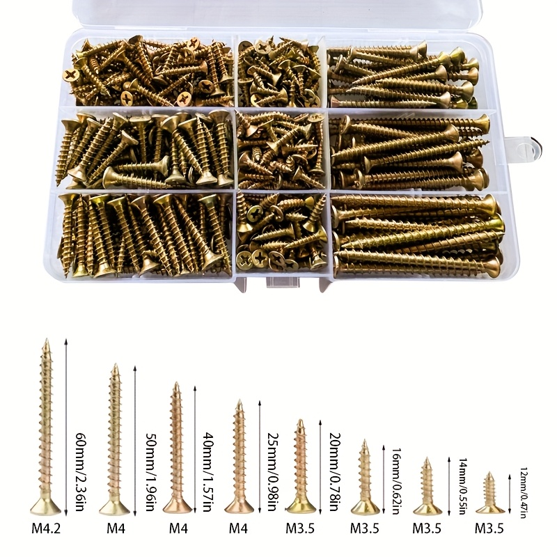 E-shop 440-teiliges Set farbig verzinkter selbstschneidender Schrauben: M4/4.2 mit Längen von 25/30/40/ mm M3.5 mit Längen von 25/30/40/ mm, für