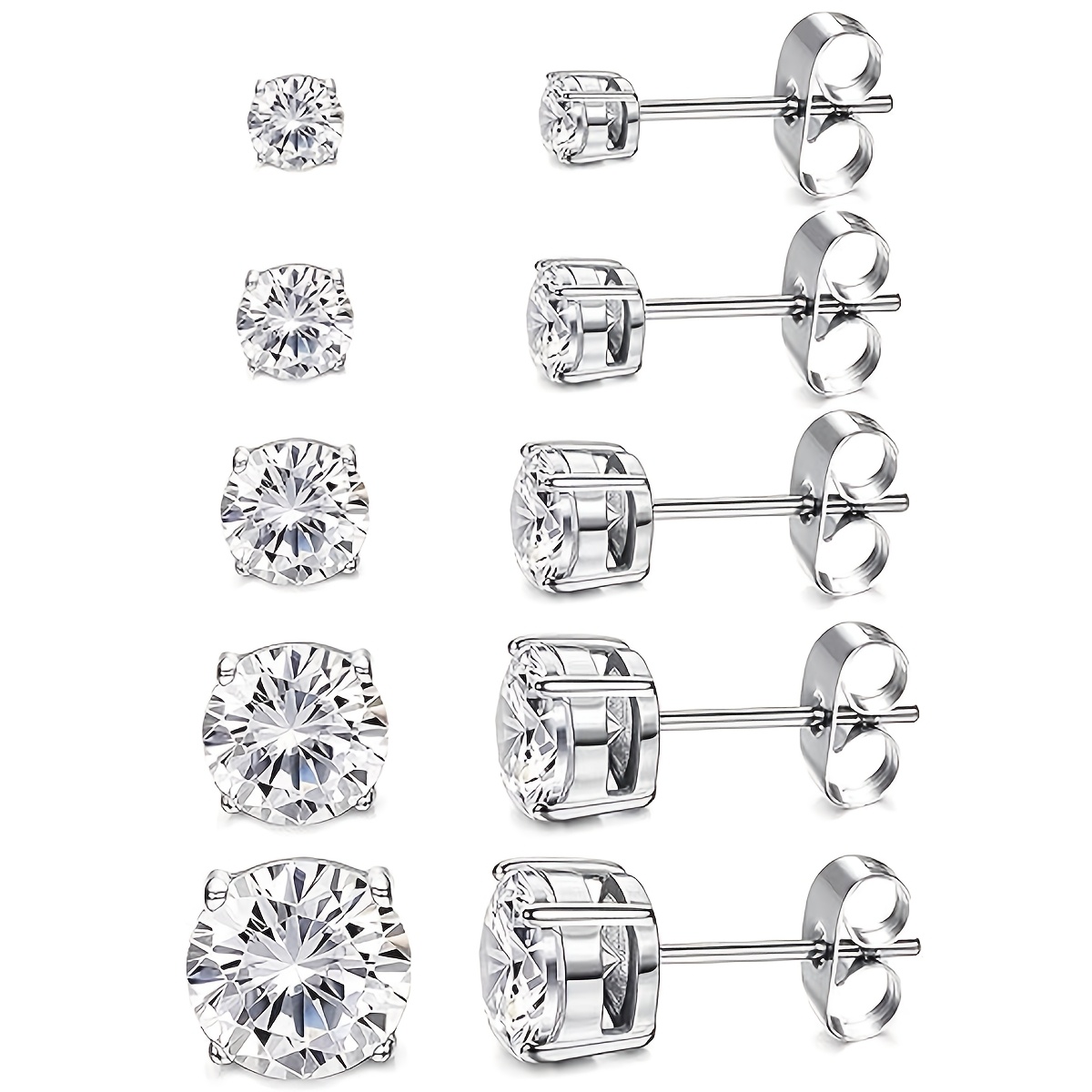 5 Pairs Round Cubic Zirconia Stud Earrings Set, Hypoallergenic
