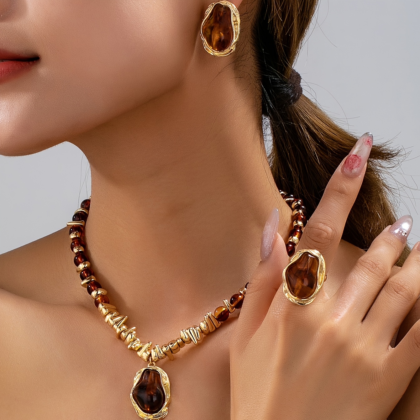 TEMU 4pcs Set Fashion Temperament Khaki-colored Bead Necklace Earrings Rings Jewelry Suit For Women' Party Holiday Wear