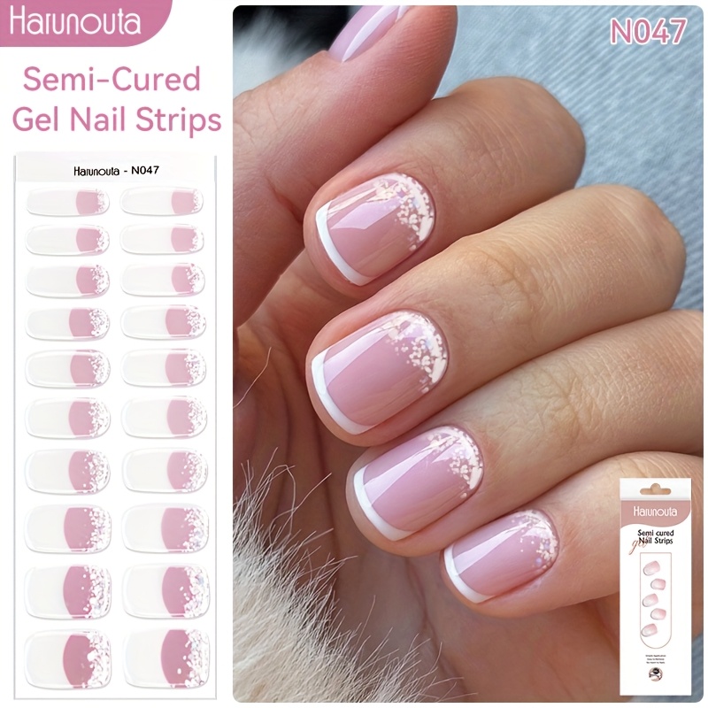 Harunouta 20strips Semi Cured Gel Nail Strips Gradient Gel Nail Stickers Nude White Black French Gel Nail Wraps Gel Polish Stickers Nail Art Manicure For