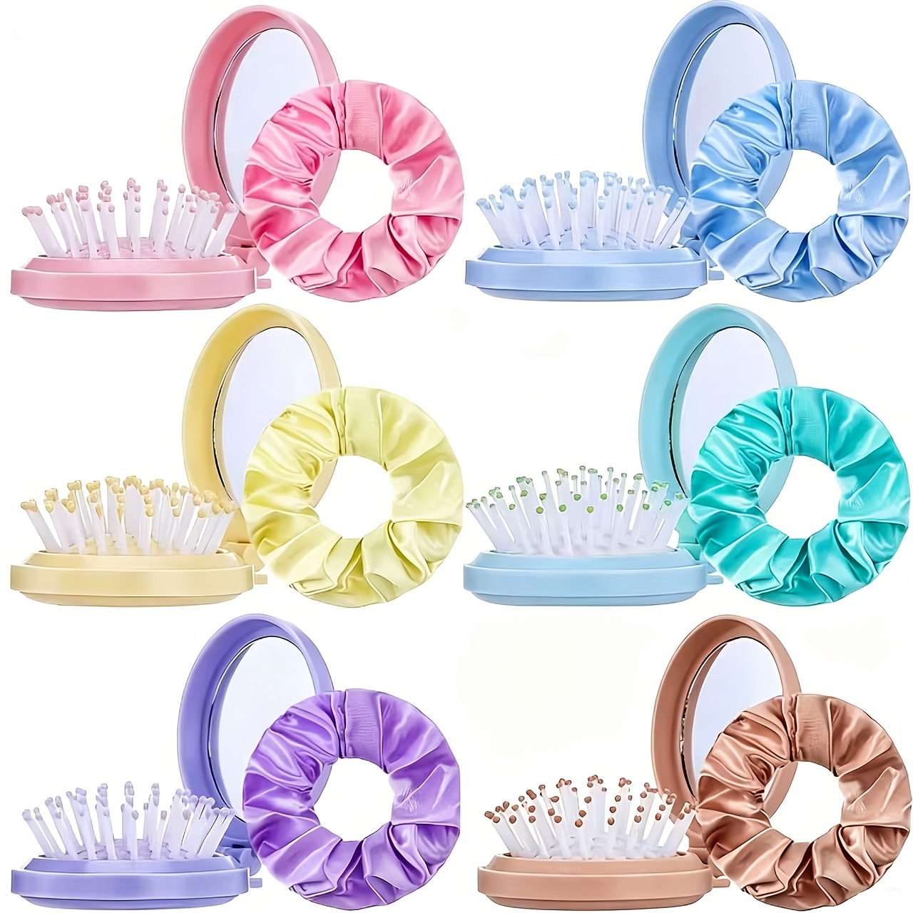 TEMU 12pcs (6pcs Brosses à Cheveux Colorées avec Miroirs et 6pcs Élastiques à Cheveux Colorés) Mini Brosses à Cheveux avec Miroirs et Élastiques à