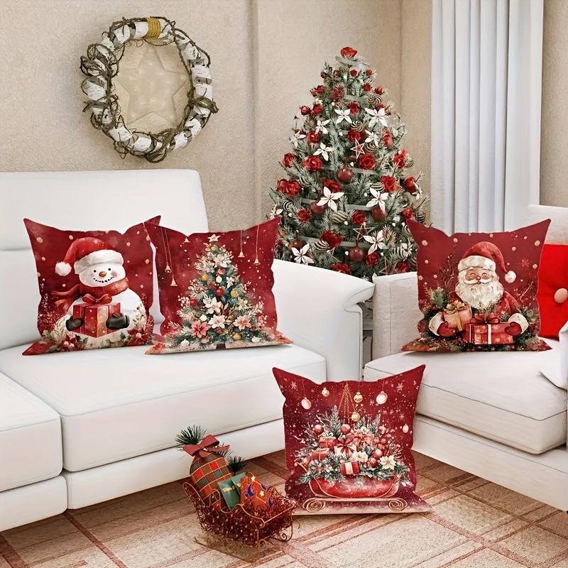 

4pcs Set Christmas & Winter Plush Sofa Pillow Covers - Santa, Snowman, Sled Designs | Cushion Cases For Living Room Decor | Machine Washable | Zip Closure | 17.7x17.7 Inches