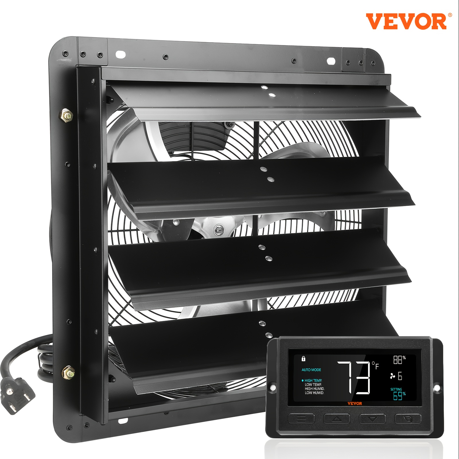 

Vevor 16'' Shutter Exhaust Fan, Temperature And Humidity Controls, 18.9 .9 Inch, 1550cfm, Etl , 120v/60hz, 70w, Black