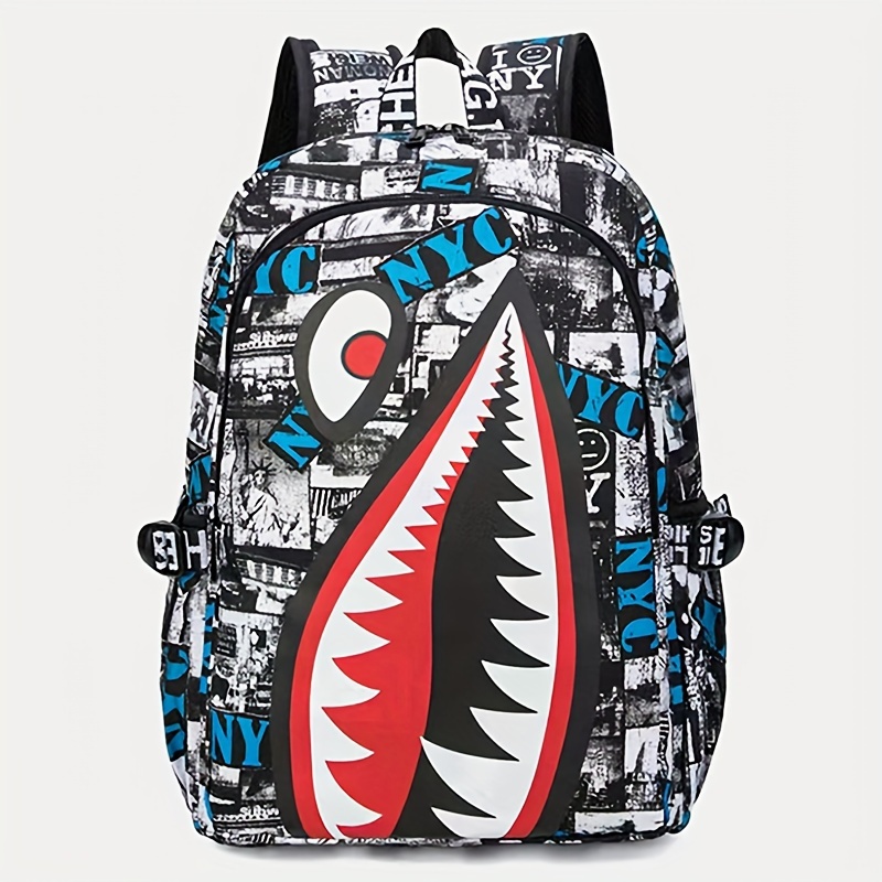 

Sharp Teeth Printed Sports Backpack With Graffiti Pattern For Cool Boys, Casual Large Capacity Schoolbag For Men's & Women's Outdoor & College & Library
