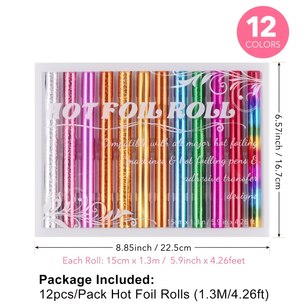 TEMU Rouleau de feuille à chaud 12 couleurs 5,9 po x 4,26 pi ; Feuille thermoactivable pour scrapbooking DIY ; Film de transfert à chaud