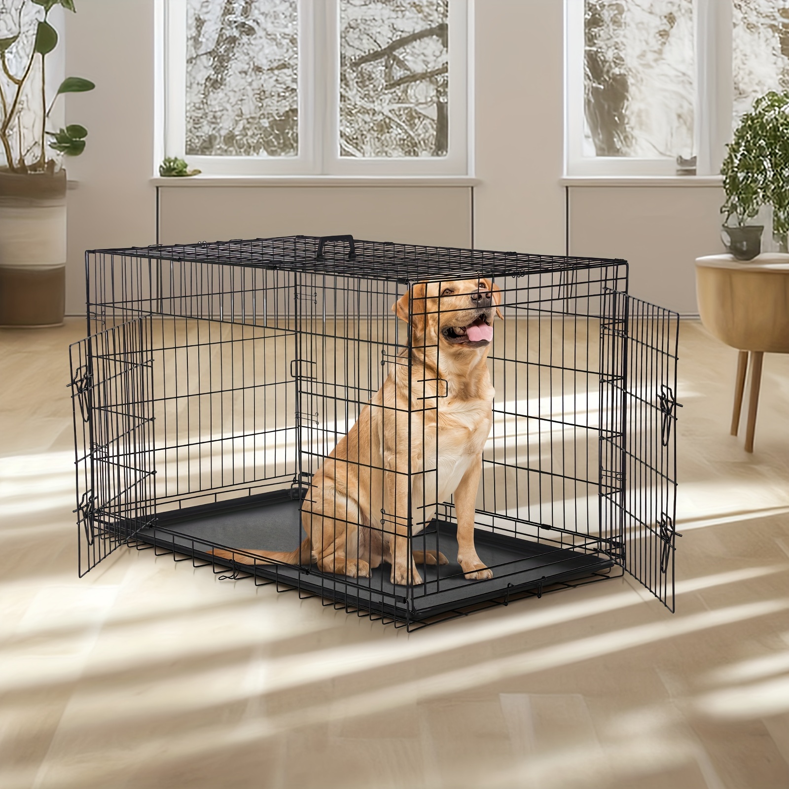 

Small Double Door Metal Dog Crate - 30 Inch With Divider Panel, Leak-proof Pan Tray: Folding And Portable Wire Cage For Indoor Outdoor Travel