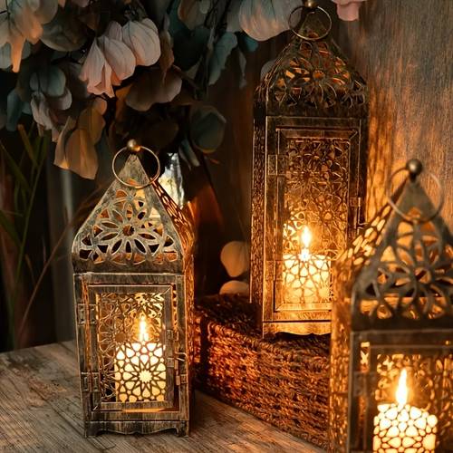 1 2pcs moroccan lantern hollow projection iron candle holder suitable for halloween valentines day thanksgiving christmas holiday desktop decoration home and kitchen decoration