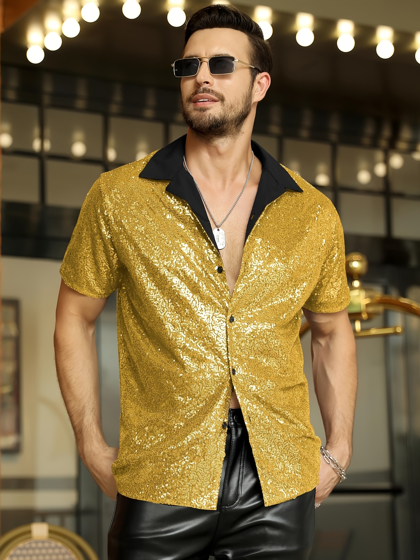 Chemise à sequins pour homme, costume disco des années 70, chemises à  boutons à manches courtes pour fête et soirée éclatante