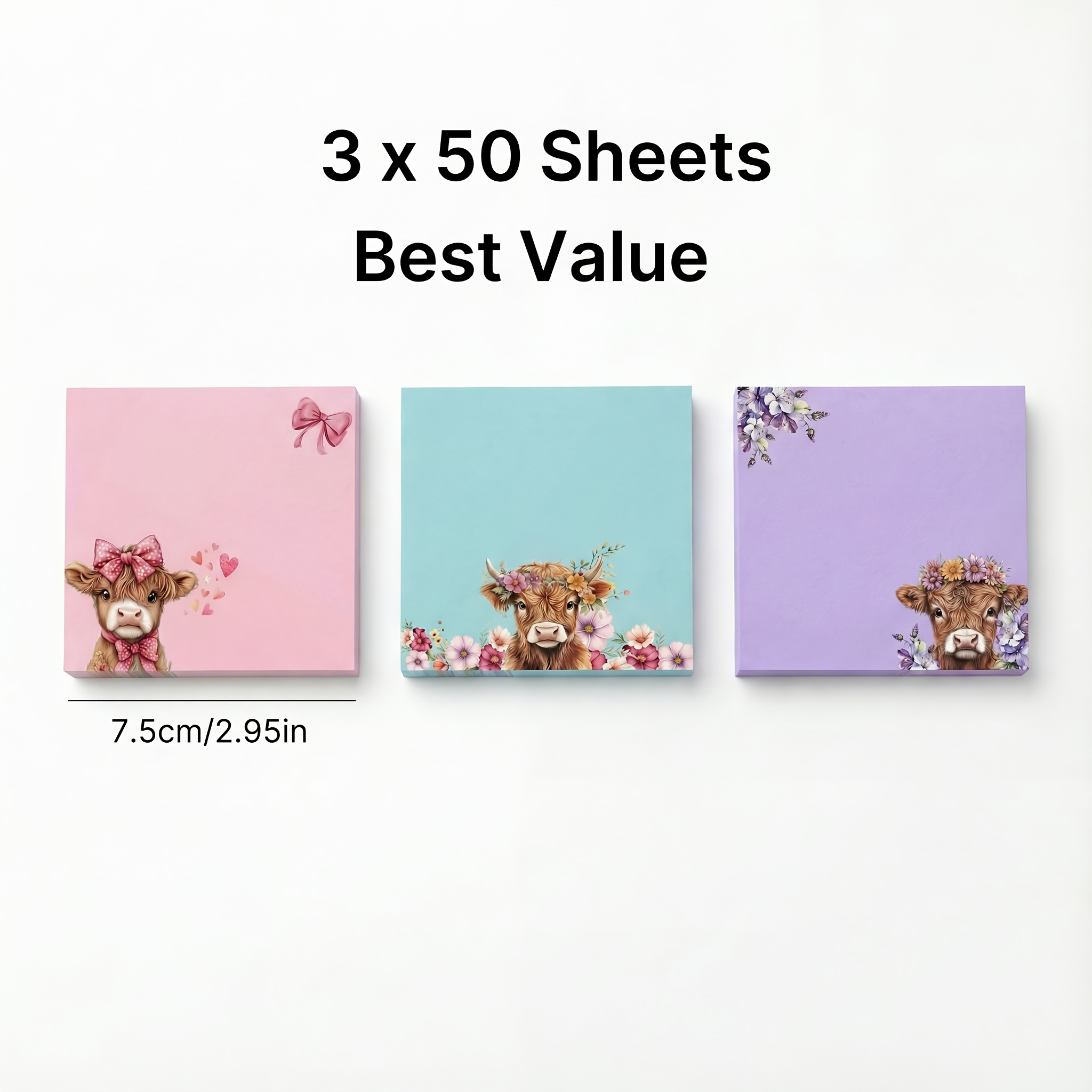 E-shop 3er-Pack Highland Cow Haftnotizen Set, Niedliche Ästhetische Notizblöcke (3x50 Blätter), Lustige Büro- Schulmaterialien, Valentinstag Geschenk