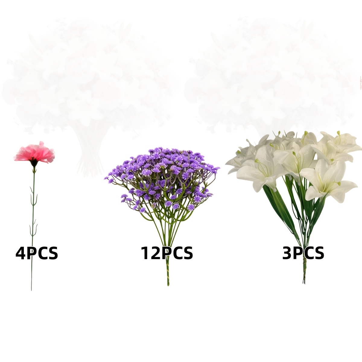 TEMU 19pcs Set, Realistic Outdoor Artificial Flowers—3 White Lilies + 4 Pink Carnations + 12 's Breath, Artificial Carnations For Mother's Day And