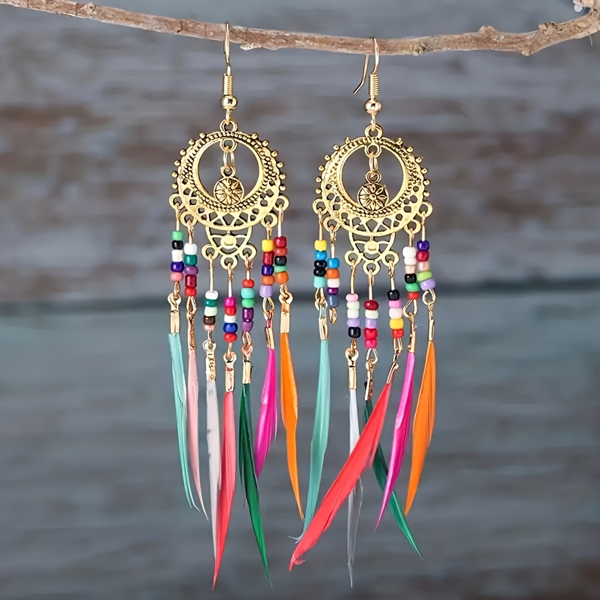 TEMU Vintage Fashion Dopamine Multicolor Natural Feather Long Earrings For Women